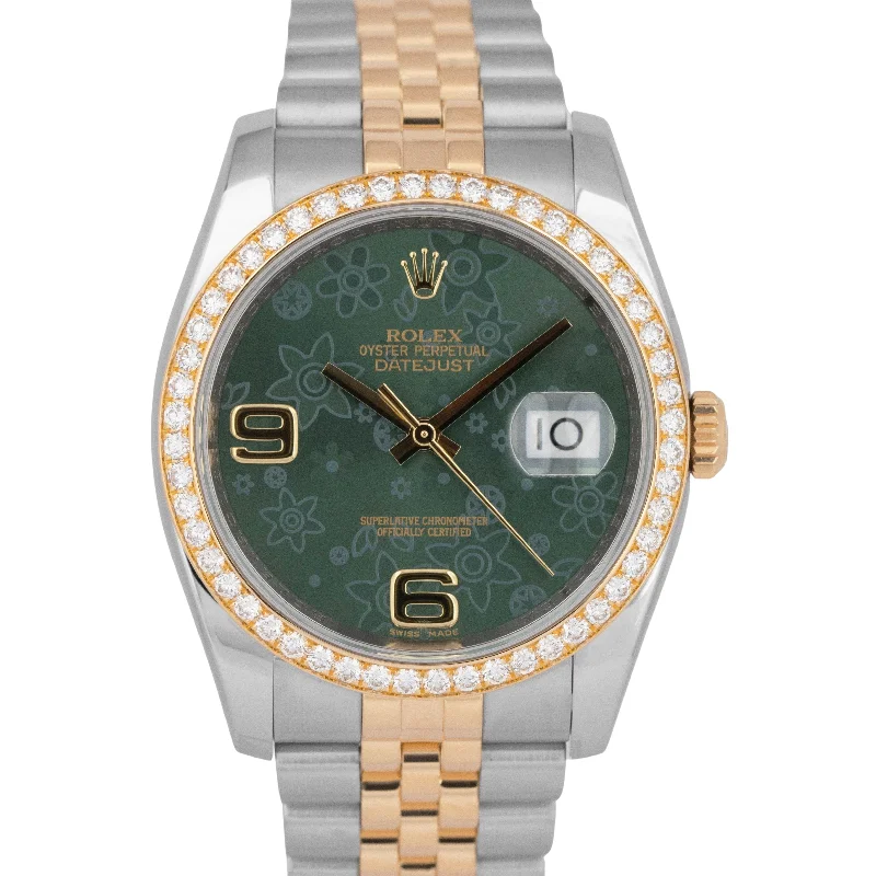 Stylish Watches For Men’s Fashion-MINT Rolex DateJust 36mm Green Floral DIAMOND Two-Tone Gold Steel Watch 116243