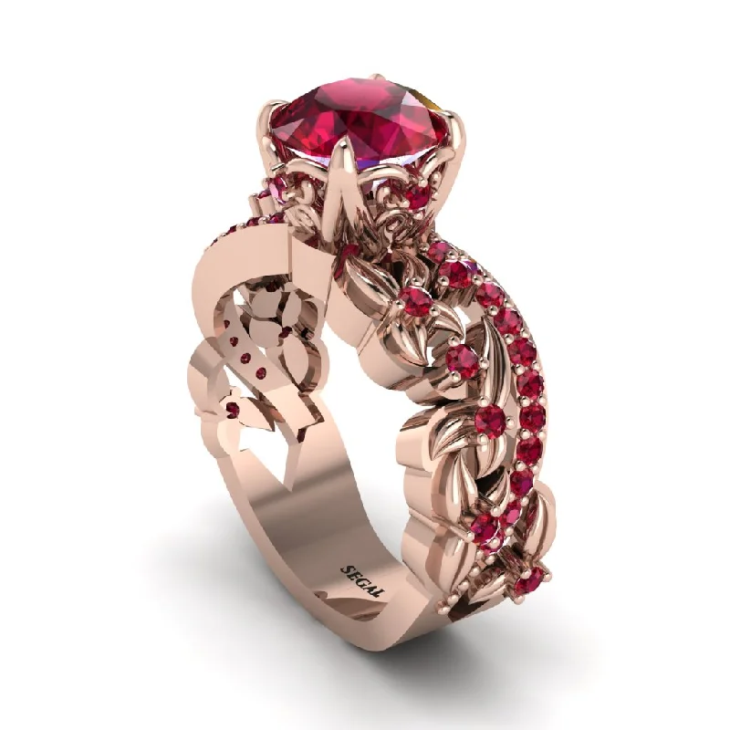 Elegant Rose Gold Wedding Bands For Brides-Round Floral Cathedral Ruby Engagement Ring - Lindsay No. 56