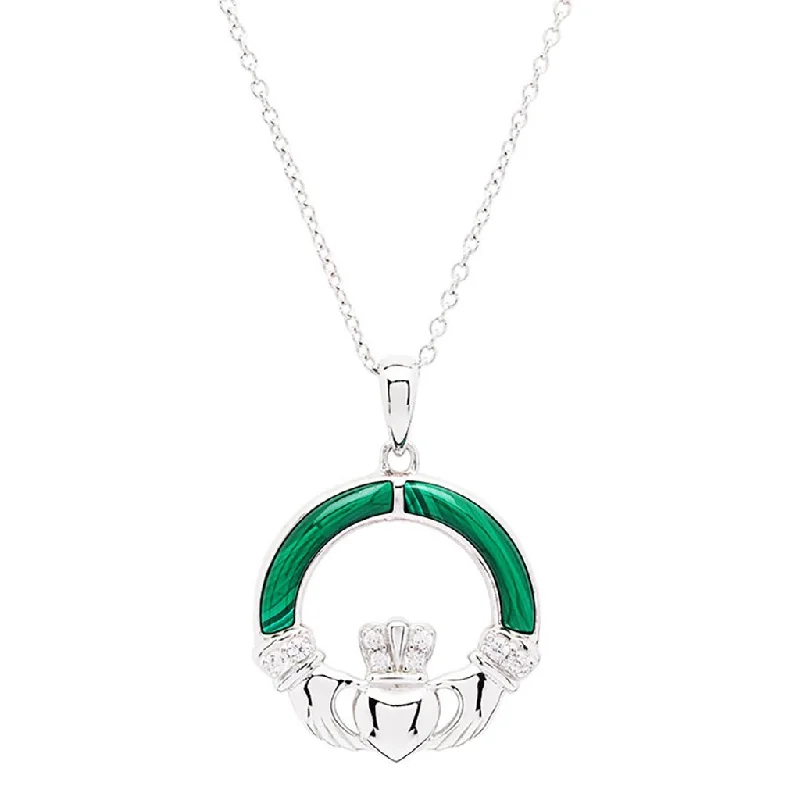 Trendy Statement Chain Necklace For Fashion-Shanore : Green Malachite Sterling Silver Claddagh Pendant