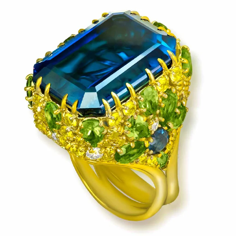 Luxury Sapphire Rings For Brides-Gold Blossom Ring with London Blue Topaz