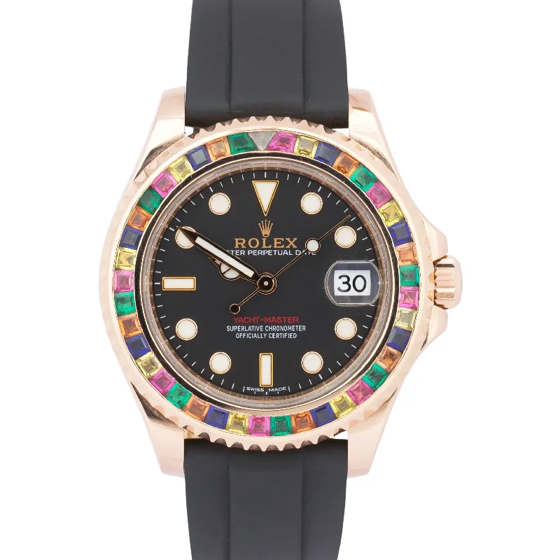 Custom Men’s Watches For Special Occasions-Rolex Yacht-Master 18k Rose Gold RAINBOW SAPPHIRE Black Oysterflex 37mm 268655