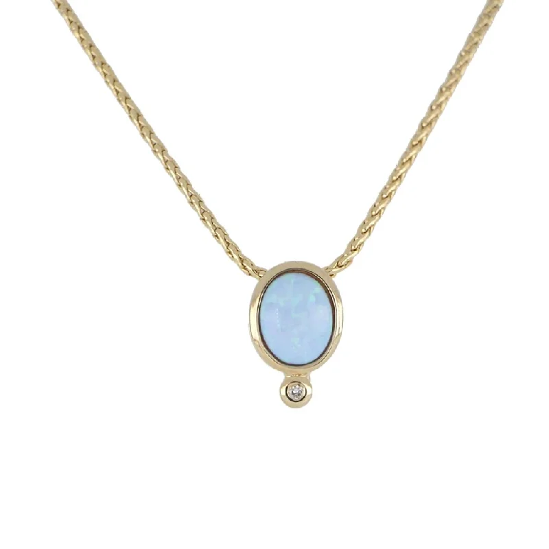 Simple Beaded Necklace For Casual Outfits-John Medeiros : Opalas Do Mar Blue Opal Oval Pendant With CZ Gold 16-18” Chain