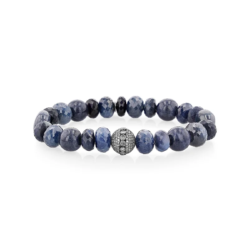 Personalized Bracelets With Names-Sapphire Mixed Bead Bracelet with Diamond Bezel Bead - 10mm  B0001453