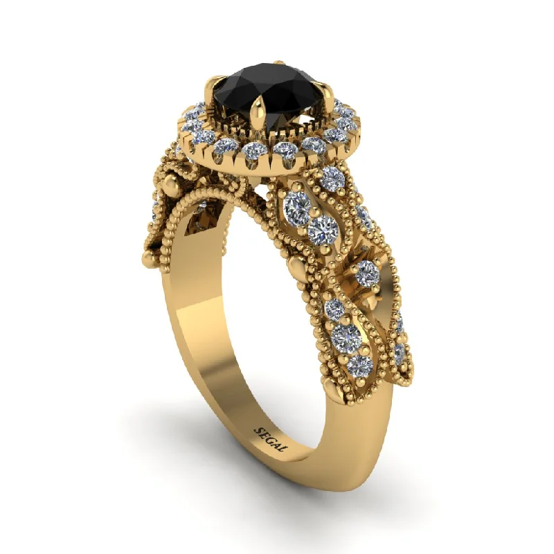 Boho-Style Rings For Free-Spirited Fashion-Exclusive Halo Black Diamond Milgrain Engagement Ring - Kendra No. 7