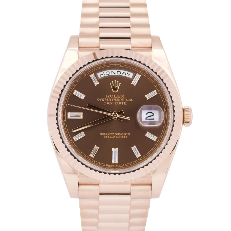 Retro Digital Watches With Classic Designs-PAPERS Rolex Day-Date President 40mm FACTORY CHOCOLATE BAGUETTE 18K 228235 BOX