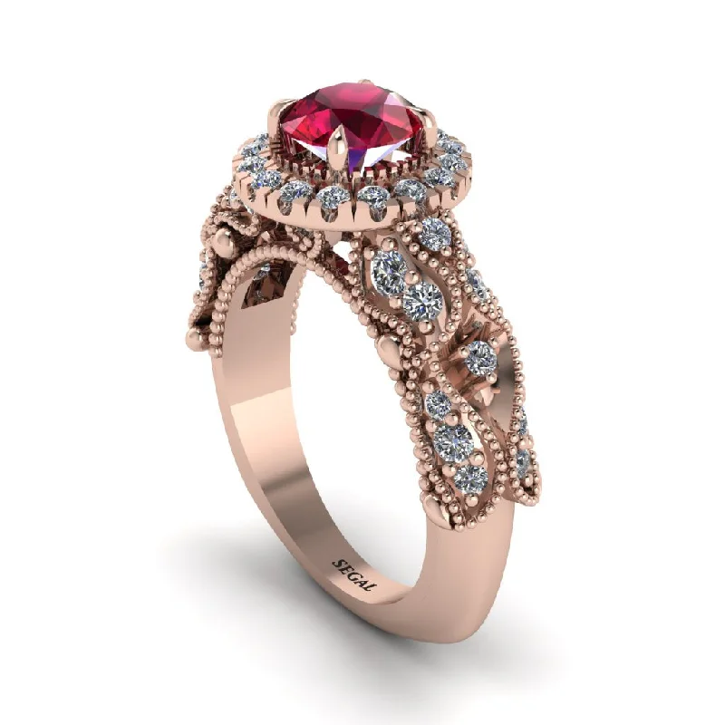 Simple Wedding Rings For Couples-Exclusive Halo Ruby Milgrain Engagement Ring - Kendra No. 11