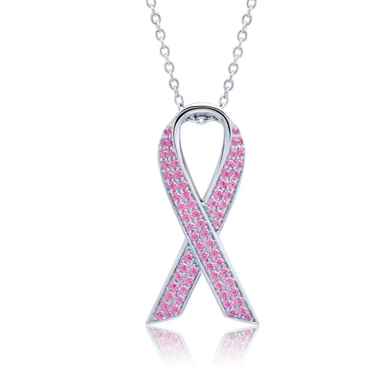 Unique Layered Necklace For Special Occasions-Pave Pink Ribbon Necklace