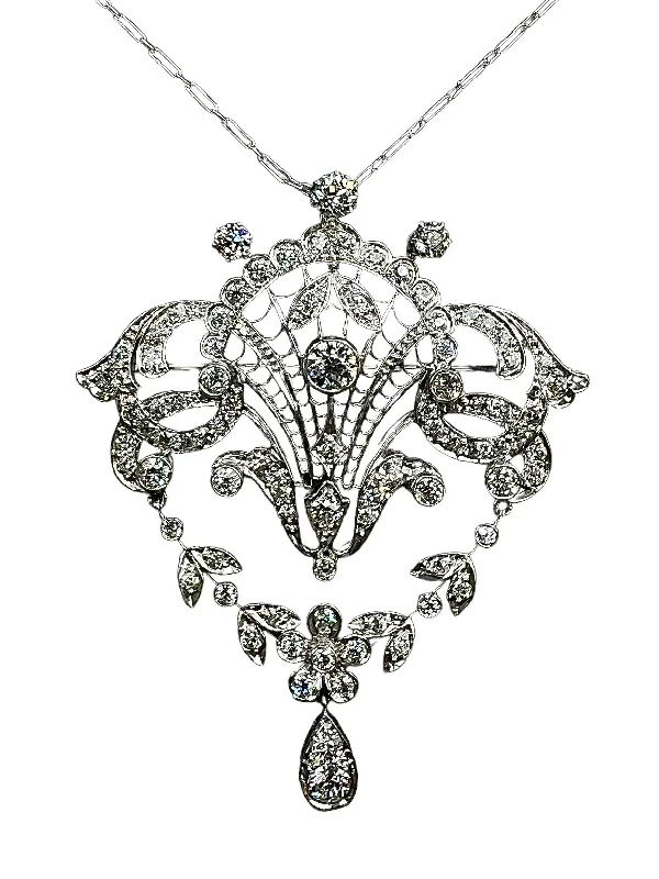 Elegant Necklace With Emerald For Special Events-Edwardian Old European Diamond Platinum Brooch Pendant Necklace Circa 1910