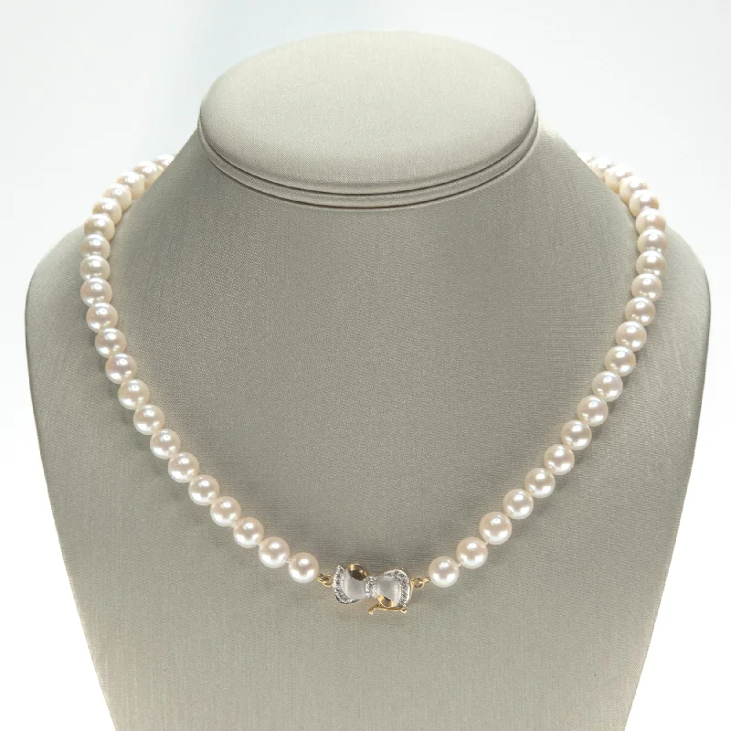 Trendy Chain Necklace For Fashion-7.30mm Wide Round Pearl and Diamond 17.5" Necklace in 18K Two Tone Gold