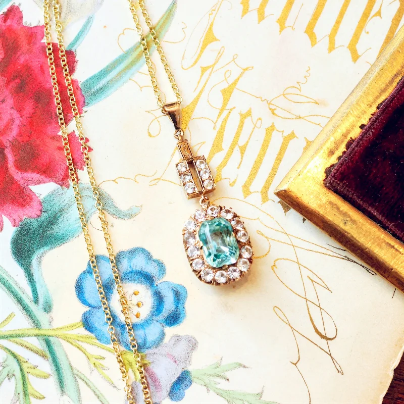 Unique Crystal Necklace For Fashion Lovers-Vintage Art Deco Blue Topaz & Sapphire Pendant