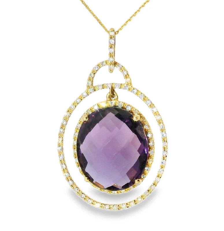 Simple Crystal Necklace For Casual Look-Gorgeous Estate 14K Yellow Gold Amethyst Diamond Drop Necklace