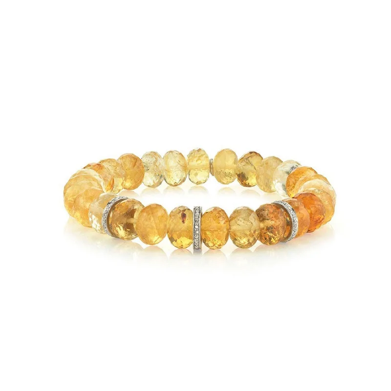 Custom Engraved Bracelets-Citrine Beaded Bracelet with 3 Diamond Rondelles - 10mm B0001557