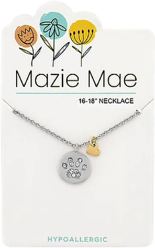 Custom Silver Necklace For Gifts-Center Court:  Silver Paw Print Pendant & Gold Heart Dangle Mazie Mae Necklace