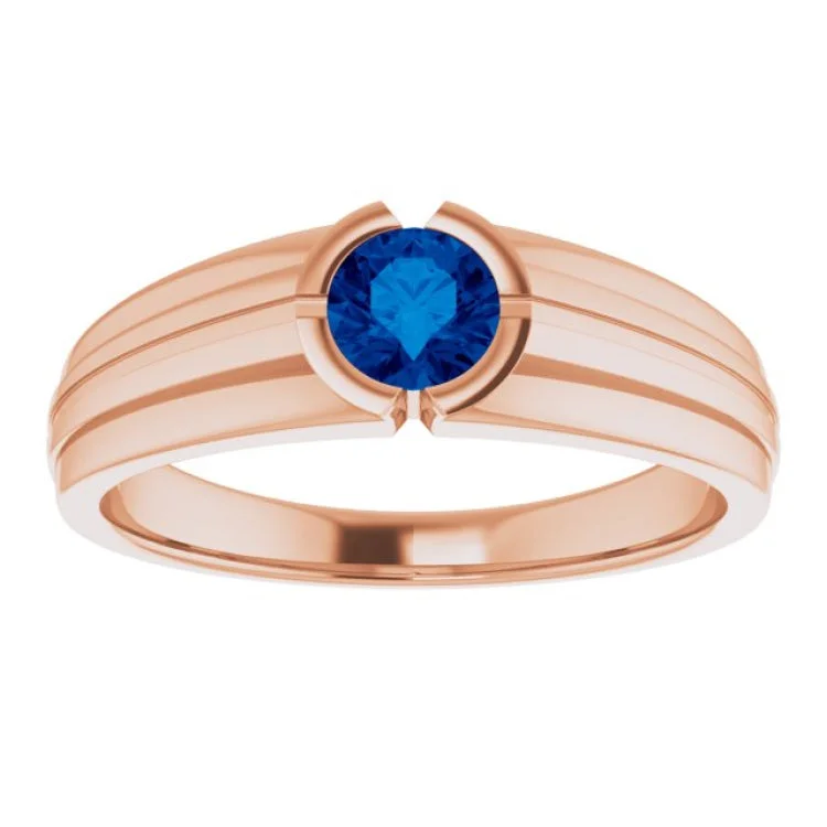 Classic Gemstone Wedding Bands For Couples-14K Rose Lab-Grown Blue Sapphire Ring