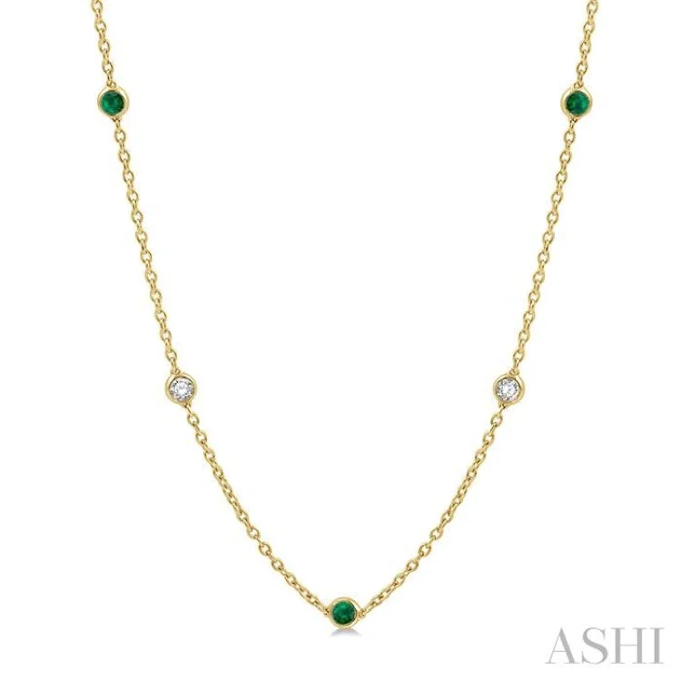 Modern Gold Necklace For Trendy Style-1/2 ctw Round Cut Diamond and 2.85MM Emerald Precious Station Necklace in 14K Yellow Gold