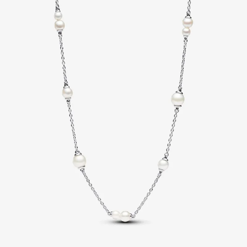 Classic Gold Necklace For Evening Wear-PANDORA : Treated Freshwater Cultured Pearl Station Chain Necklace - Sterling Silver