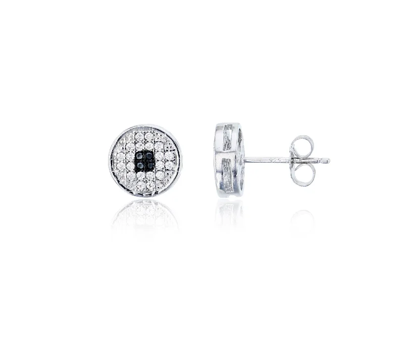 Gemstone Earrings For Birthday Gifts-Black & White Micropave Round Stud Earring (Silver)