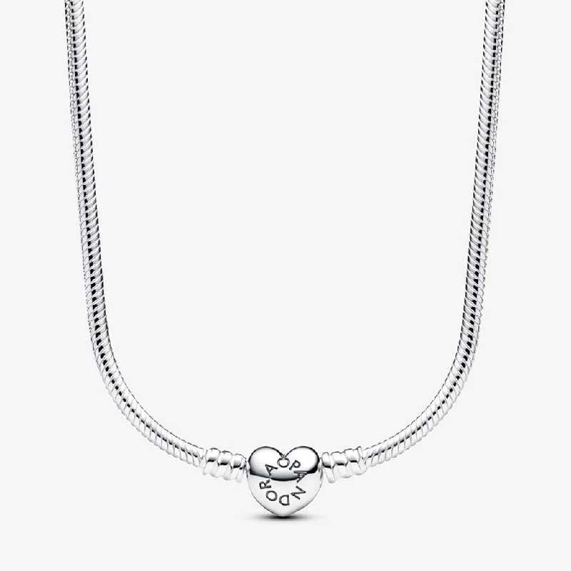 Luxury Diamond Necklace For Proposal-PANDORA : Pandora Moments Heart Clasp Snake Chain Necklace - Sterling Silver