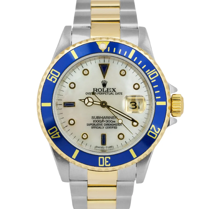 Luxury Watches With Unique Designs-MINT Rolex Submariner Date 40mm Blue MOP DIAMOND 18K Gold Stainless Steel 16613