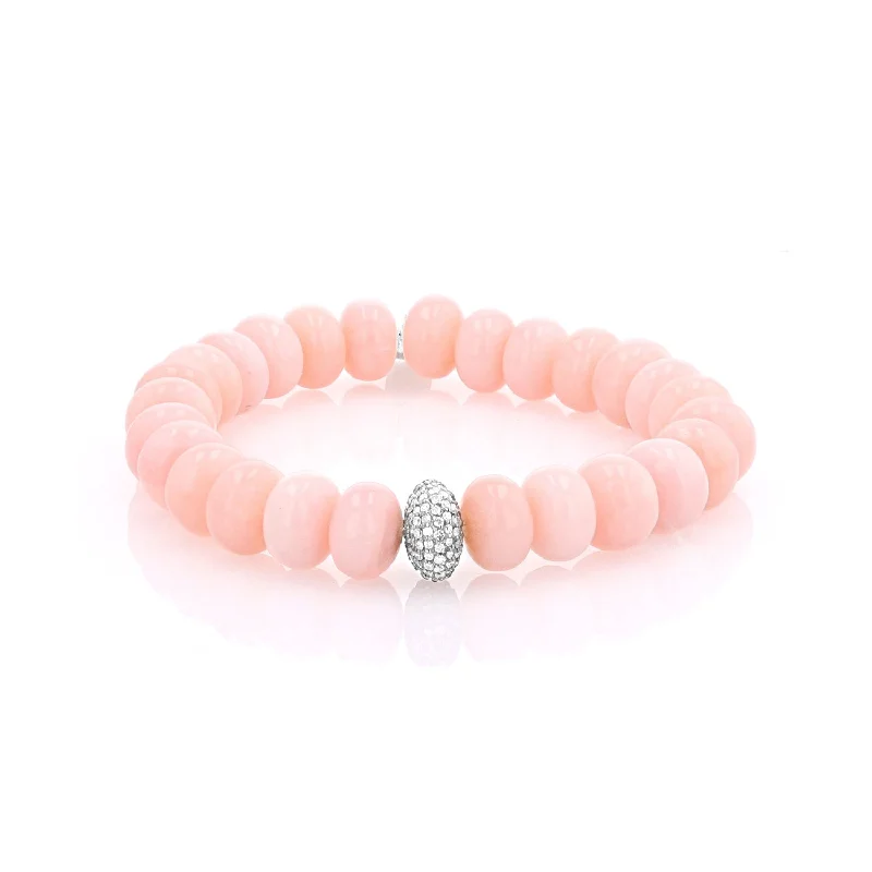 Designer Bracelets With Birthstones-Pink Opal Rondelle Bracelet with Diamond Donut - 10mm  B0003683