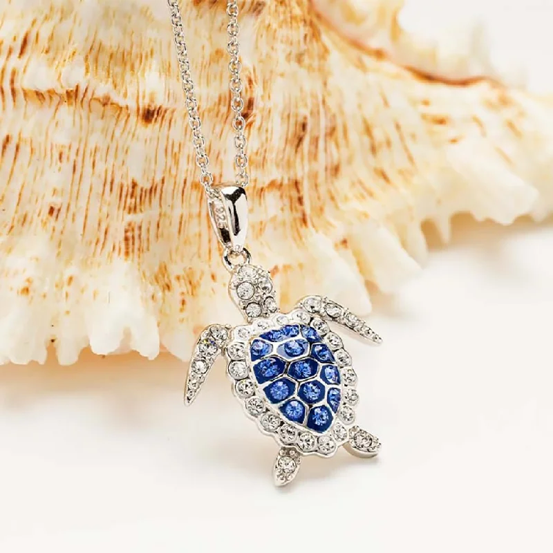 Elegant Beaded Necklace For Evening Parties-Ocean : Sterling Silver Sapphire Blue Turtle Necklace