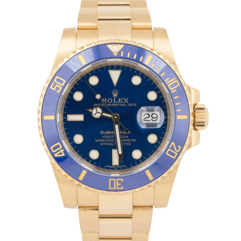 Colorful Watches For Fashionable Women-MINT PAPERS Rolex Submariner Date 40mm Ceramic Yellow Gold Blue 116618 LB BOX