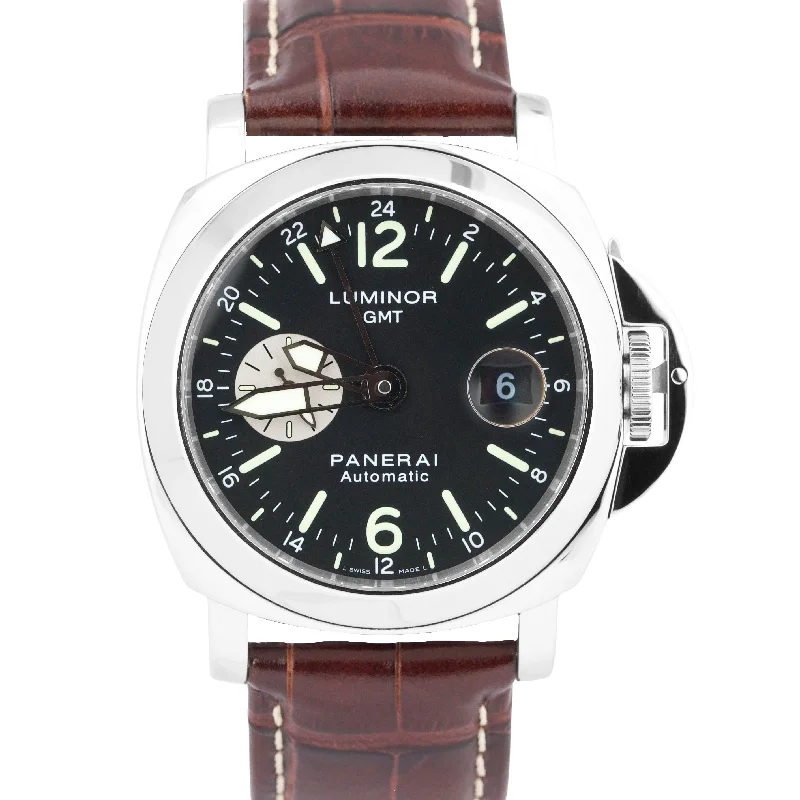 Sleek Black Watches For Men-MINT Panerai Luminor GMT PAM88 Automatic Black Leather Steel 44mm Watch PAM00088