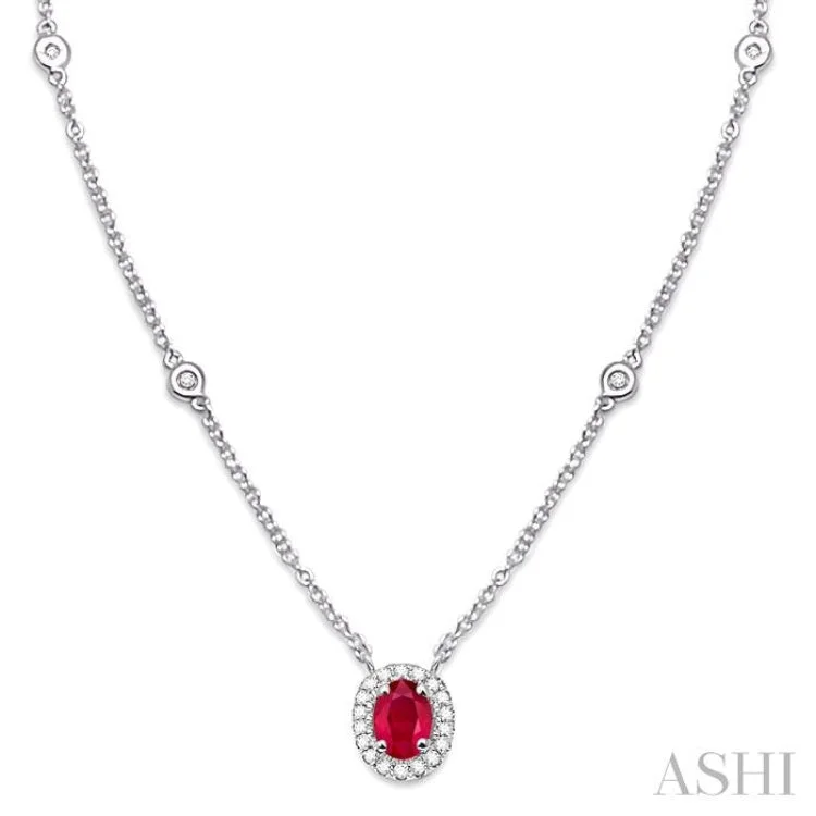 Elegant Emerald Necklace For Weddings-6X4MM Oval Cut Ruby and 1/6 Ctw Round Cut Diamond Necklace in 14K White Gold