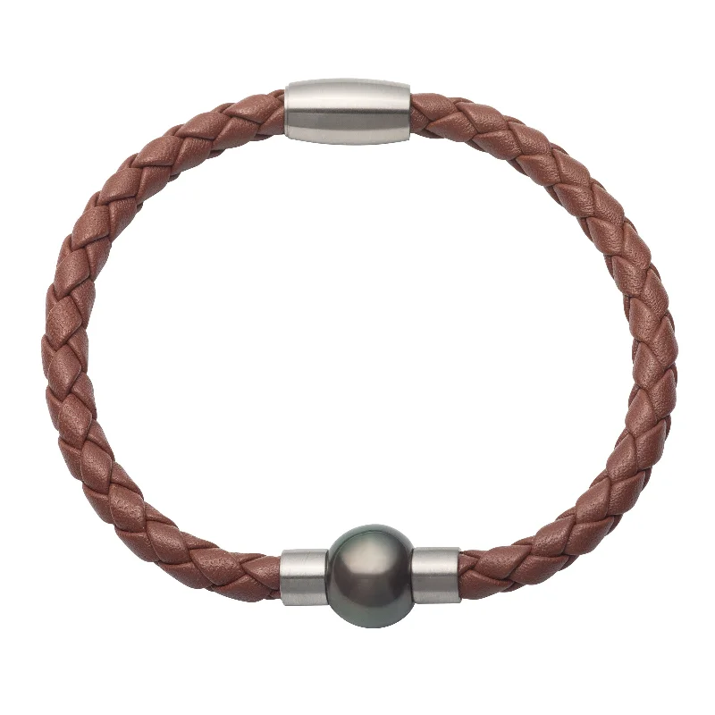 Heart Shaped Bracelets-Tahitian Cultured Pearl and Brown Leather Bracelet, 8.25 Inches