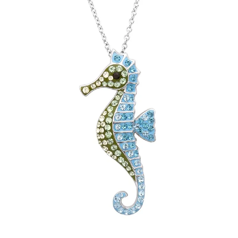 Minimalist Necklace With Bar Pendant-Ocean : Seahorse Necklace with Aqua Crystals