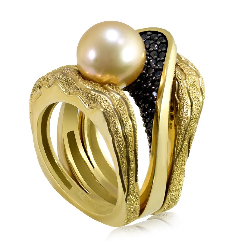 Boho-Style Rings For Free-Spirited Fashion-Gold Trinity Ring with Akoya Pearl & Diamonds