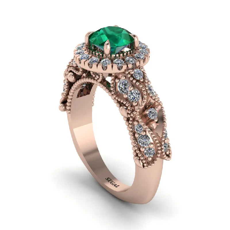 Custom Wedding Rings For Unique Couples-Exclusive Halo Emerald Milgrain Engagement Ring - Kendra No. 5