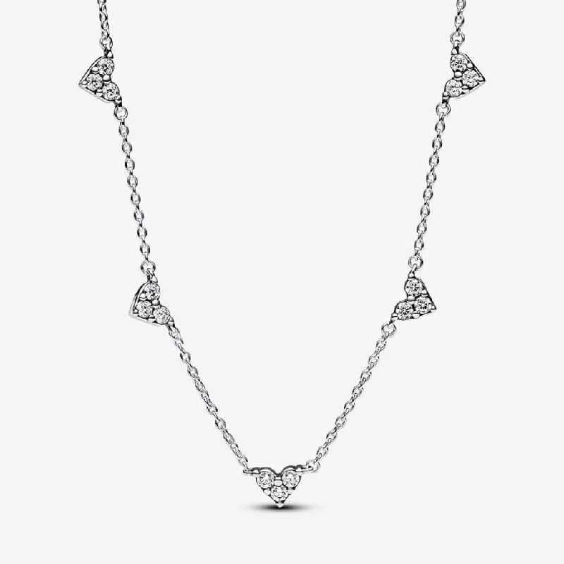 Simple Chain Necklace For Casual Style-PANDORA : Triple Stone Heart Station Chain Necklace - Sterling Silver