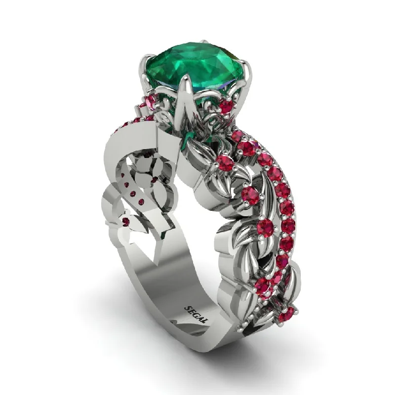 Trendy Minimalist Rings For Fashion Lovers-Round Floral Cathedral Emerald Engagement Ring - Lindsay No. 51