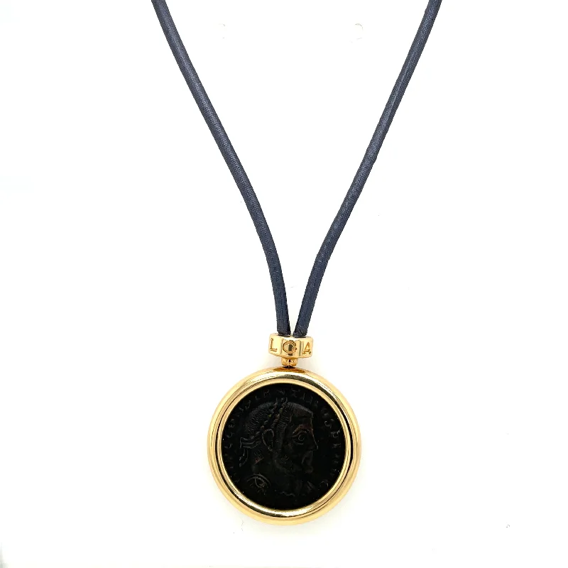 Elegant Drop Necklace For Bridesmaids-Bulgari Monete Constantinus Coin Black Lace Yellow Gold Pendant Necklace