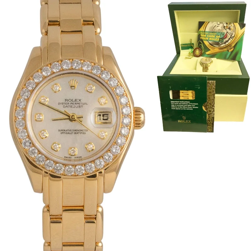 Women’s Watches With Date Functions-Rolex DateJust 69298 Pearlmaster 18k Yellow Gold Diamond Bezel MOP Dial 29mm BOX