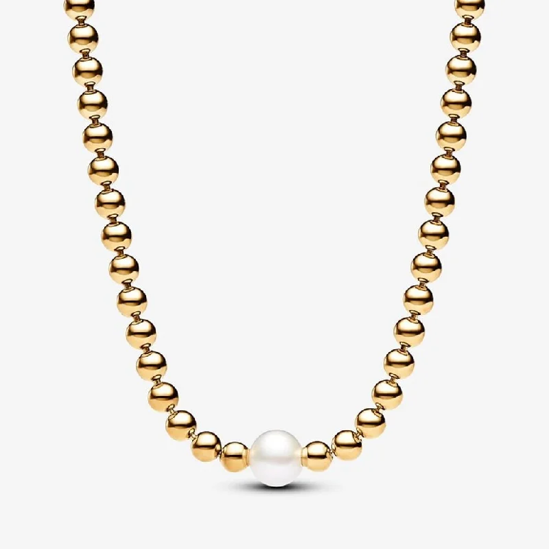 Vintage-Inspired Necklace For Brides-PANDORA : Treated Freshwater Cultured Pearl & Beads Collier Necklace - Gold Plated