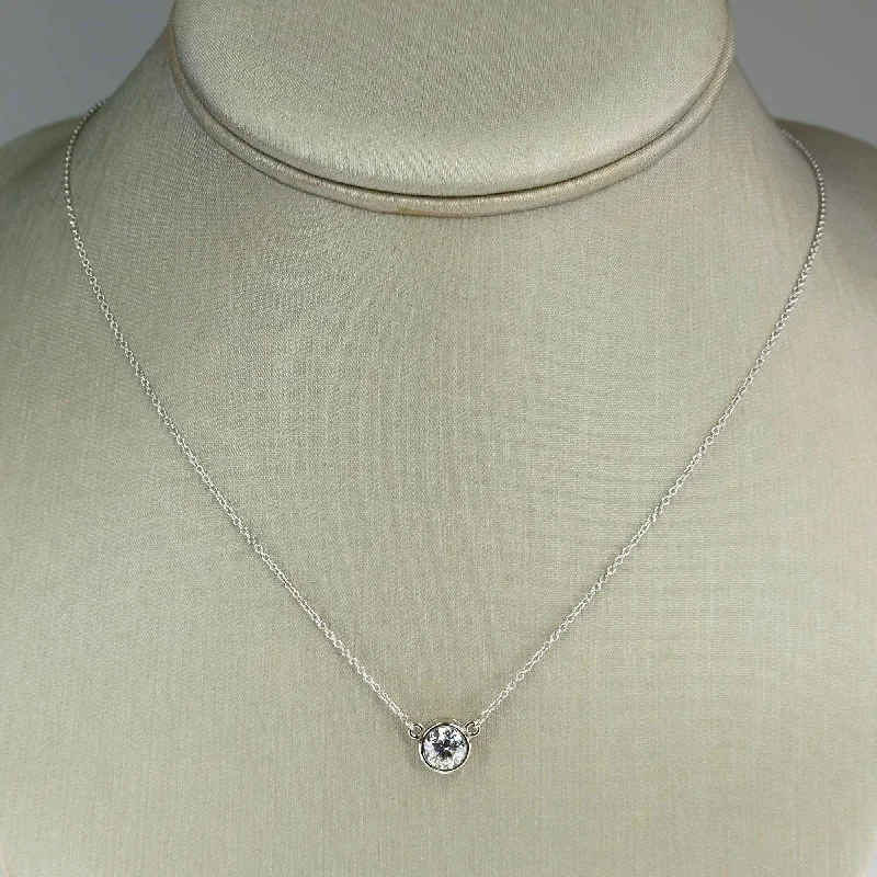 Unique Chain Necklace For Fashion Enthusiasts-0.98ct Round Diamond Solitaire 18" Bezel Pendant Necklace in 14K White Gold