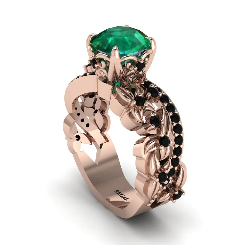 Custom Rose Gold Wedding Rings For Bridesmaids-Round Floral Cathedral Emerald Engagement Ring - Lindsay No. 35