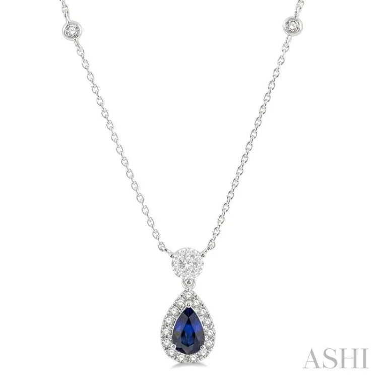 Sparkling Diamond Necklace For Evening-1/3 ctw Pear Cut 6X4MM Sapphire and Round Cut Diamond Lovebright Precious Necklace in 14K White Gold