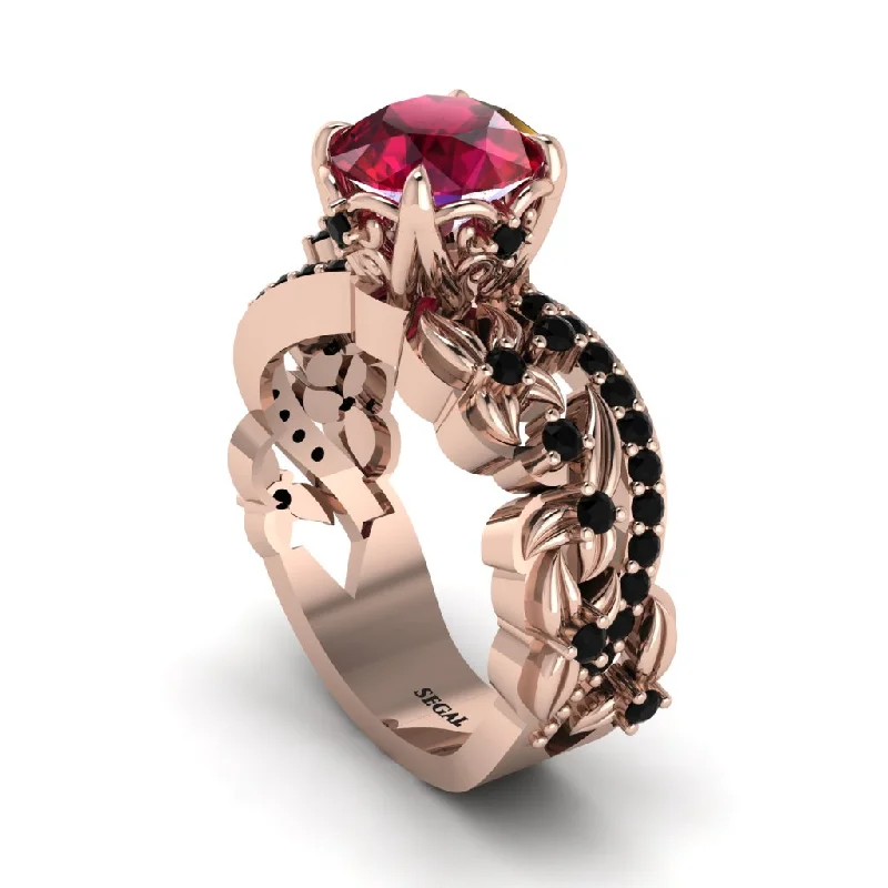 Trendy Engagement Rings With Colored Gemstones-Round Floral Cathedral Ruby Engagement Ring - Lindsay No. 41