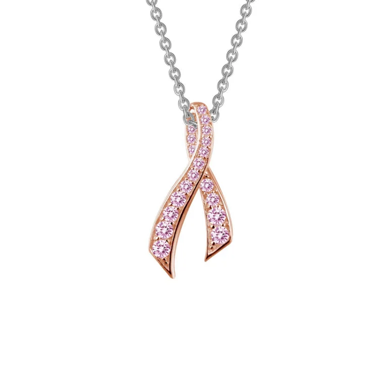 Simple Crystal Necklace For Casual Look-Pink Ribbon Pendant Necklace