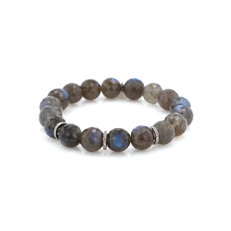 Minimalist Bracelets For Women-Labradorite Bead Bracelet with 3 Diamond Rondelles - 10mm : B0003533