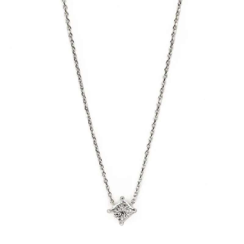 Minimalist Necklace With Disc Pendant-0.71ct Princess Cut Diamond Solitaire 16" Necklace in 14K White Gold