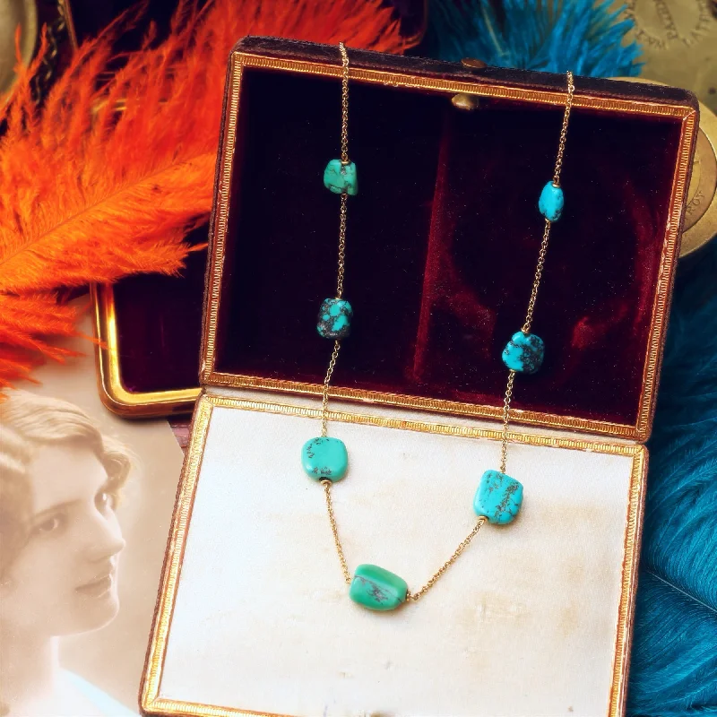 Classic Pendant Necklace For Casual Wear-Antique Turquoise Nugget & 9ct Gold Chain Necklace