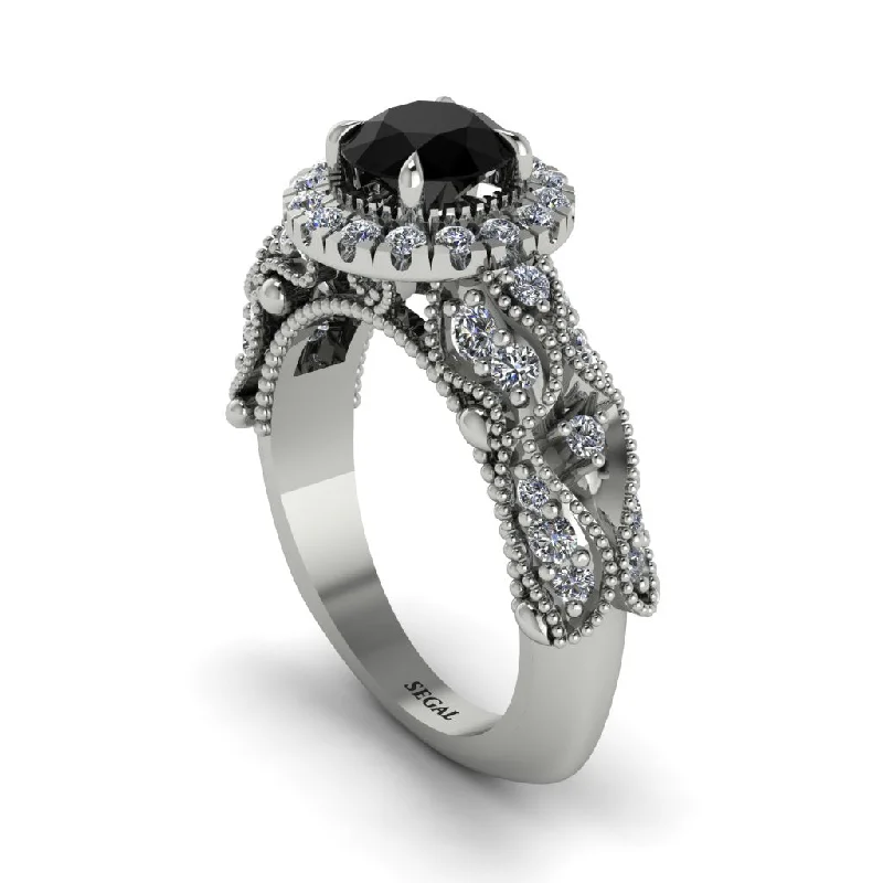 Simple Silver Rings For Minimalist Style-Exclusive Halo Black Diamond Milgrain Engagement Ring - Kendra No. 9