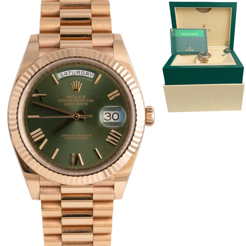 Solar-Powered Men’s Watches-Rolex Day-Date 40mm OLIVE Green President 18k Rose Gold 228235 UNPOLISHED w/ BOX