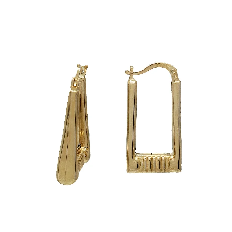 Statement Gold Earrings-Plain Textured Rectangle Hoop Earrings (14K)