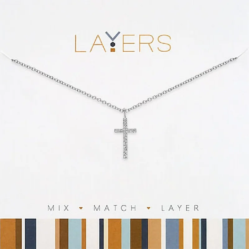 Handmade Silver Necklace For Evening Events-Center Court : Silver Hammered Cross Layers Necklace