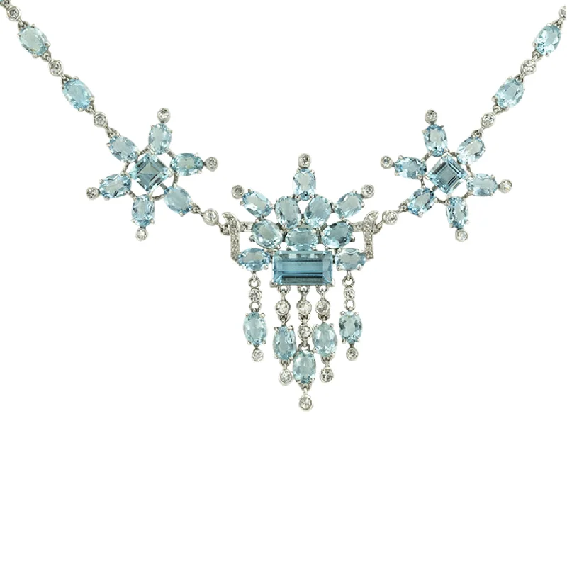 Classic Choker Necklace For Evening Events-Aquamarine Diamond Platinum Fringe Necklace Circa 1950s